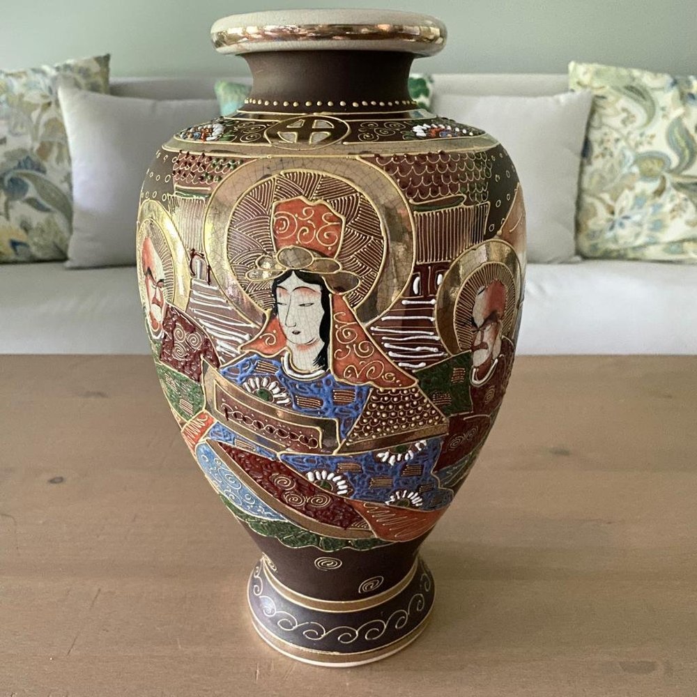 Vintage Painted Ceramic Japanese Satsuma Style Vase